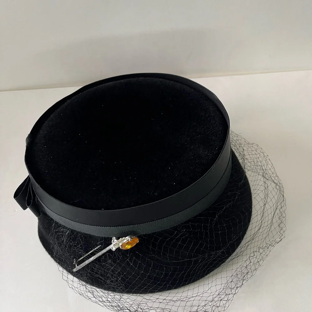 Vintage Peachbloom Velour Ladies Hat Union Made Size Medium Black with hatpin - Picture 6 of 15